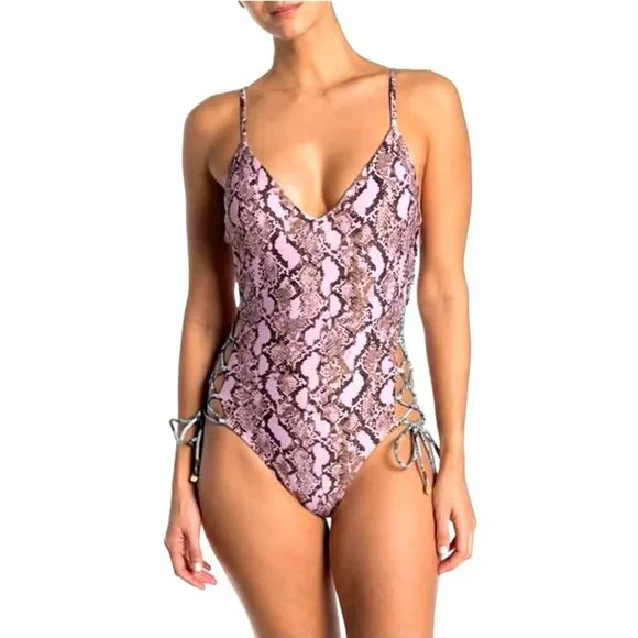 Rachel Roy S Corset Laced Side Pink Snake Python Swimsuit One-piece Swimwear